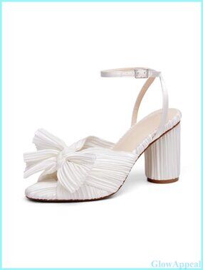 Women's Bow Knot Heeled Sandals Pleated Chunky Heel Ankle Strap Wedding Shoes